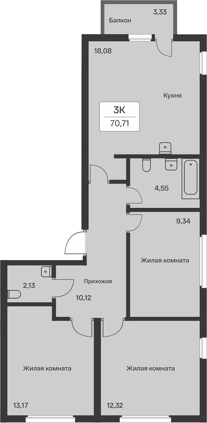 3-комнатная квартира 70.71 м², 10/12 эт., ЖК «Расцветай в Янино»